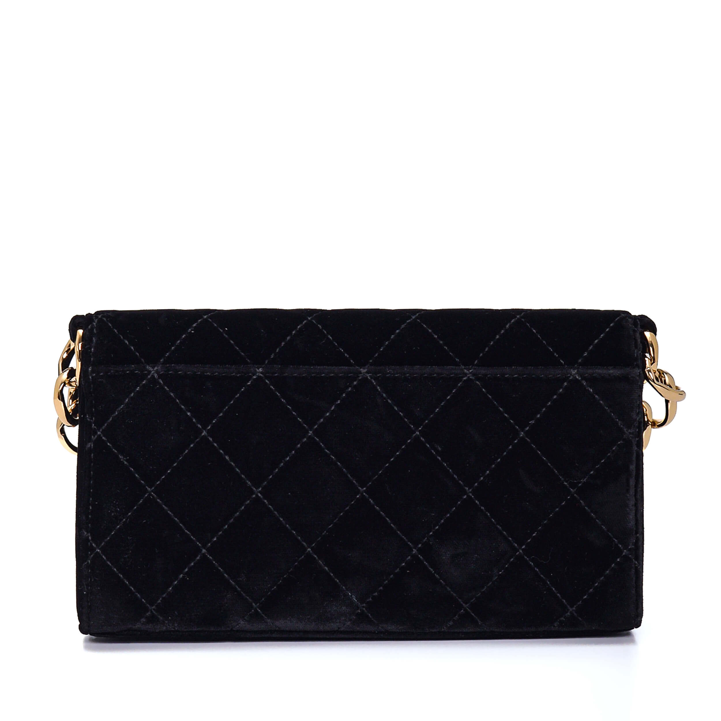 Chanel - Black Quilted Velvet Gold Chain Baguette Bag